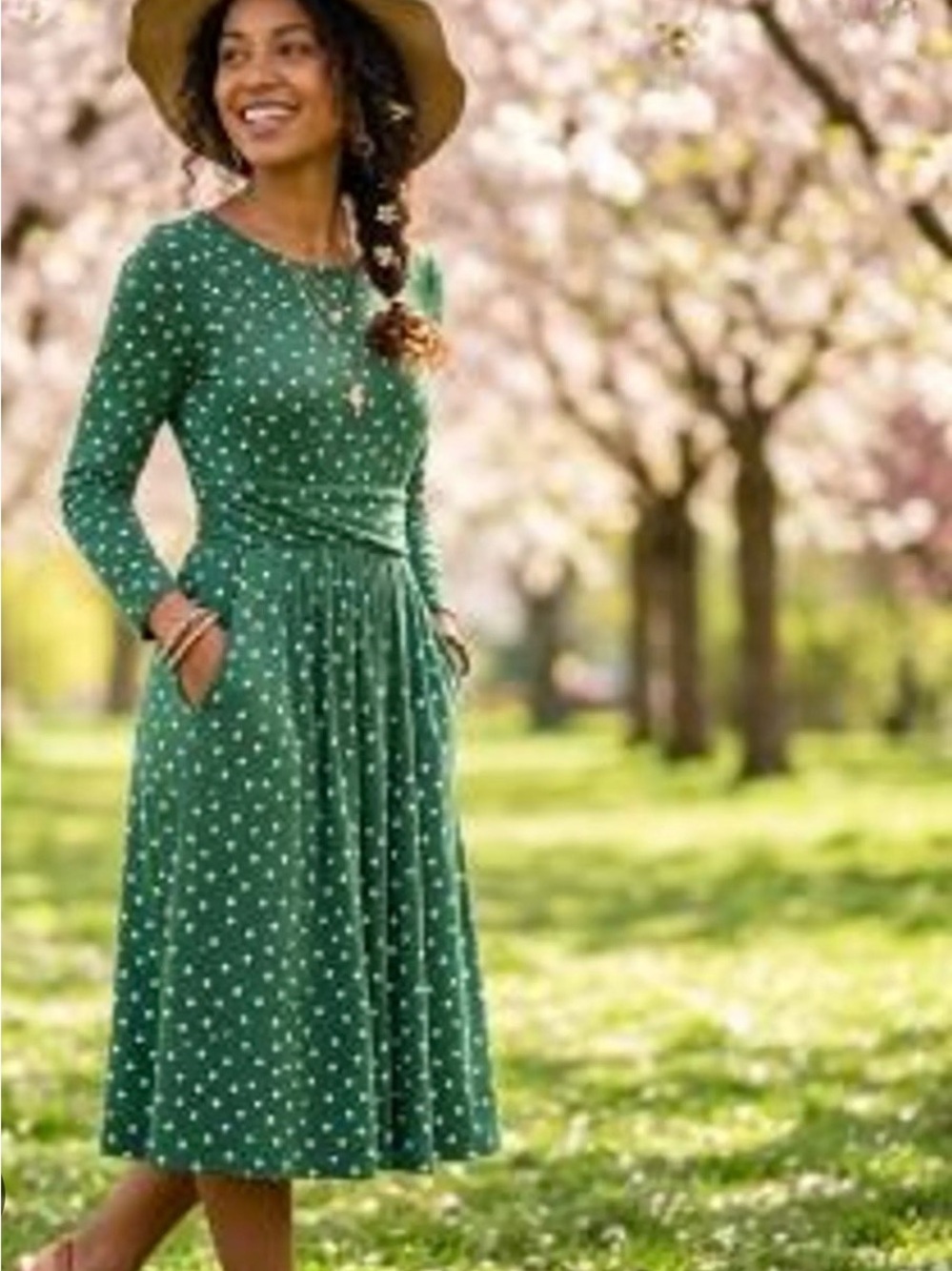 Boden Abigail Jersey Dress - Green Polka Dot Size Large